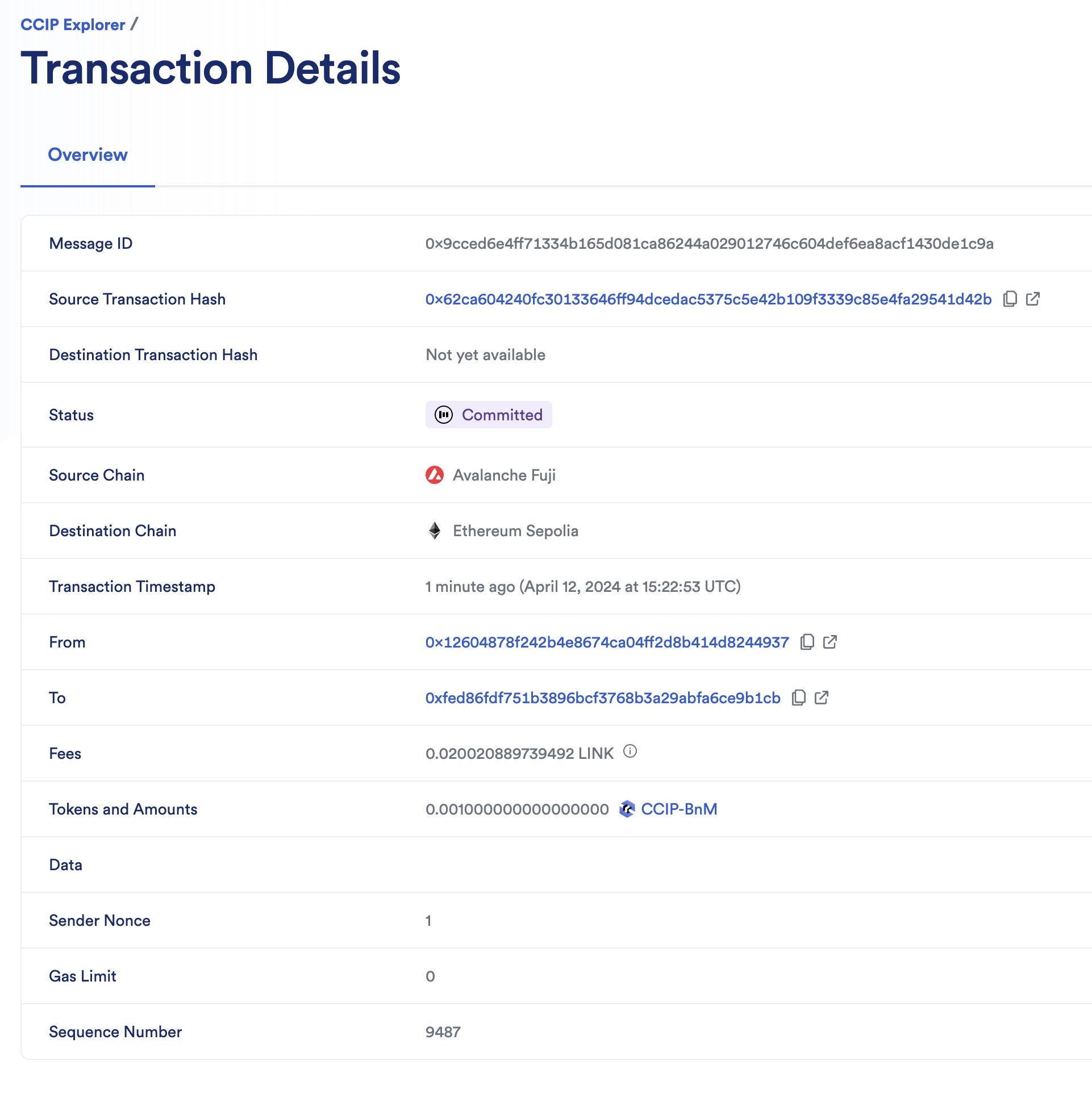 Chainlink CCIP Explorer transaction details